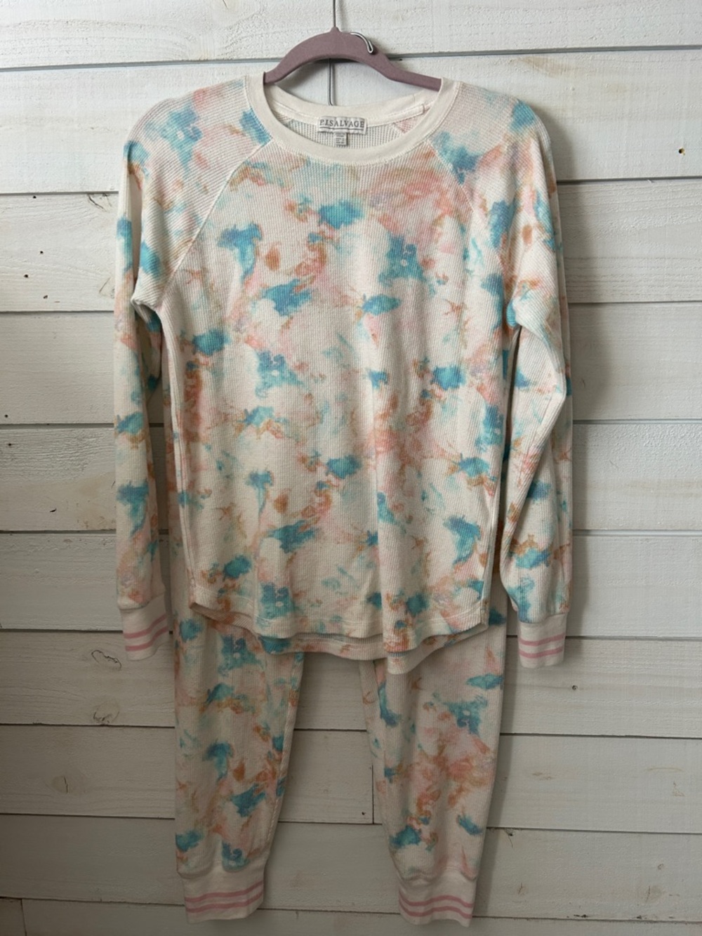 P.J SALVAGE Tie-Dye Thermal Pajama Set - Cream with Blue & Peach